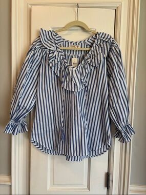 Mille Owen Blue & White Striped Ruffle Blouse